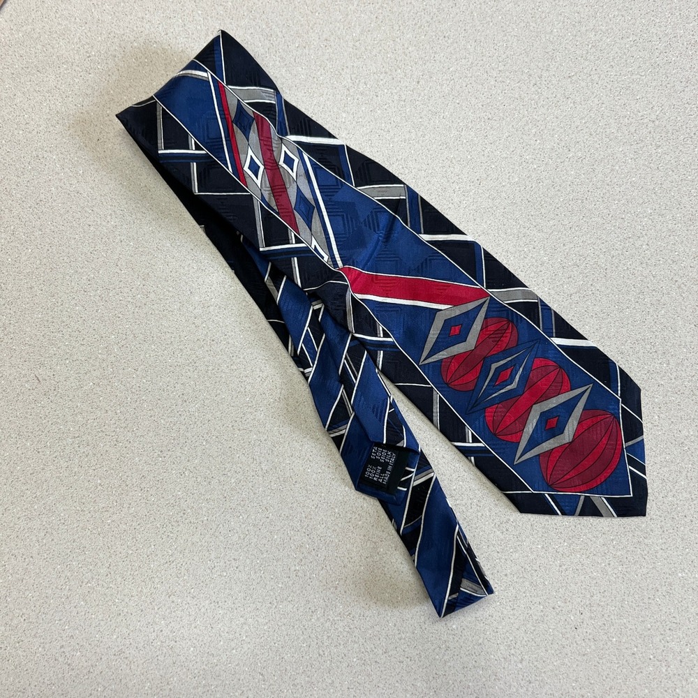 Stefano Rossi Silk Necktie VTG Blue Red‎ Gray Geometric Approx 1995 58x3.5 Italy